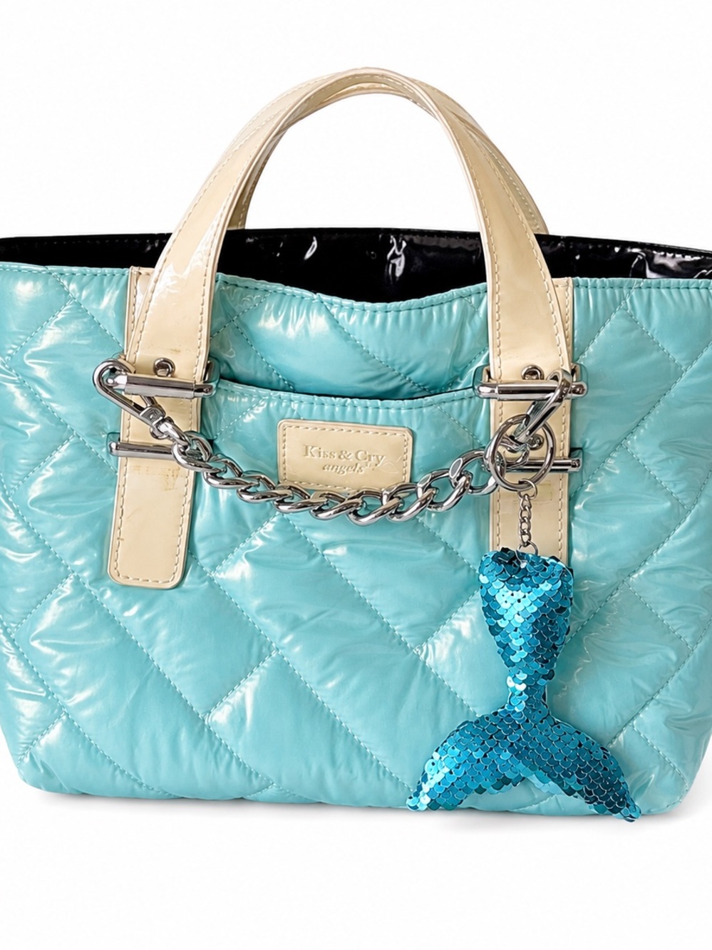 Y2K Kiss & Cry Angels Quilted Mermaid Blue Tote Bag with Sequin Tail Charm